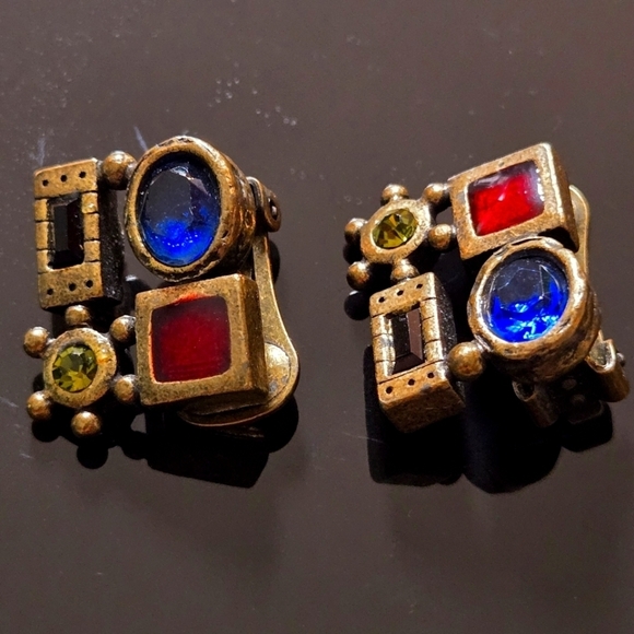 Chico's Jewelry - Chico's Vintage 1980s Clip-On Earrings with Blue and Red Green Stones In Brozen